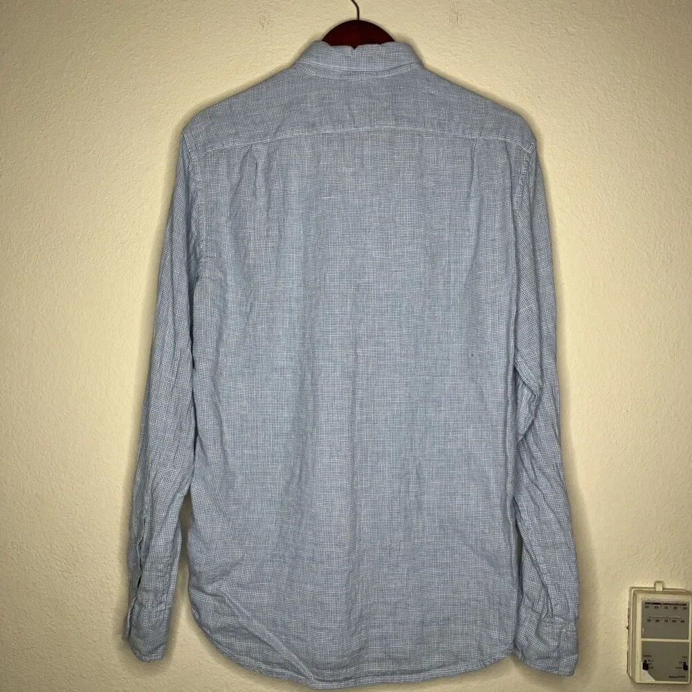 J Crew Linen Cotton Gingham Long Sleeve Button Down Collar Dress Shirt SZ M